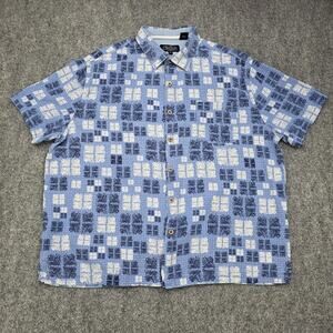 Nat Nast Shirt Mens XL Blue Silk Cotton Short Sleeve Button Front Camp Casual